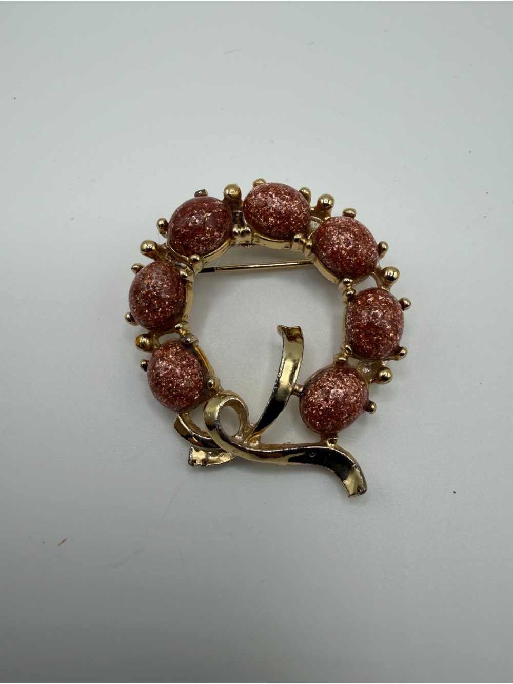 Gold-Tone Red Glitter Stone Wreath Brooch - Women's Jewelry